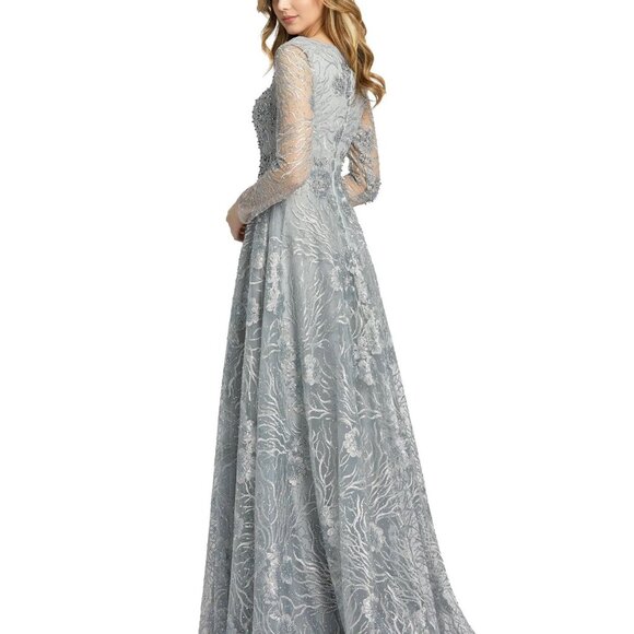 NWT Mac Duggal Jewel Encrusted Long Sleeve Square Neck Gown DOVE GRAY 20 - Picture 3 of 11